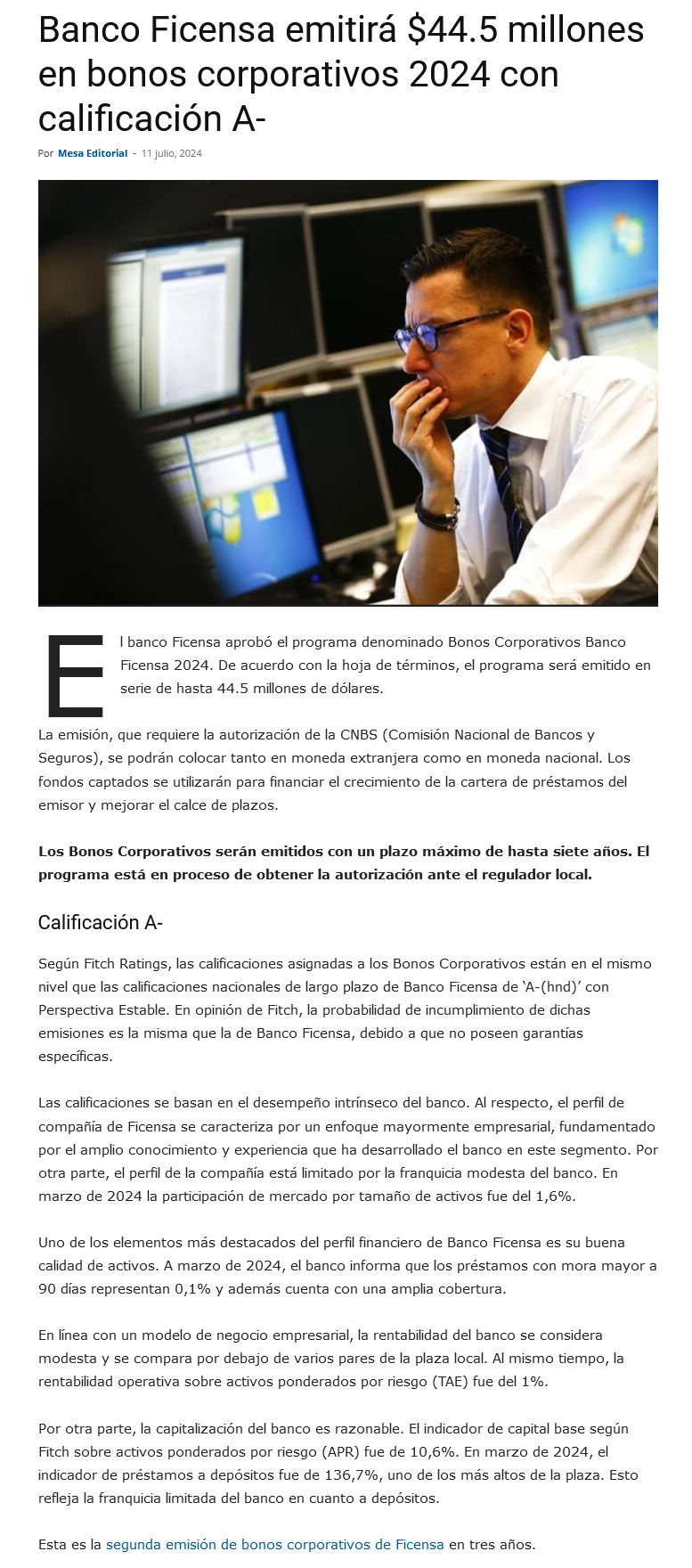 BANCO FICENSA EMITIRÁ $44.5 MILLONES EN BONOS CORPORATIVOS 2024 CON ...